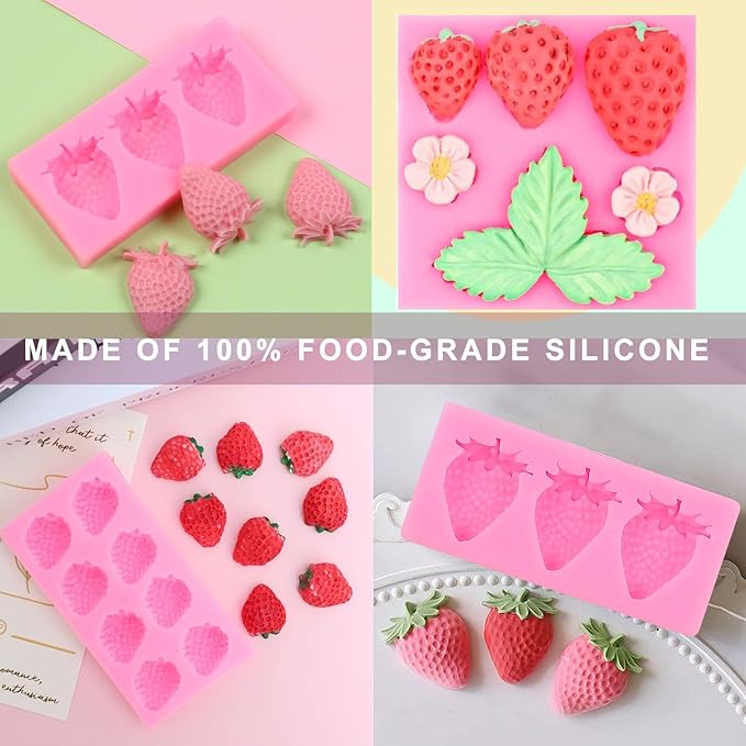 4 Pcs Strawberry Baking Mold Fruit Silicone Fondant Mold Strawberry Leaf Flower Chocolate Molds DIY Cupcake Molds for Candy Jelly Clay Ice Cream Soap Cake Topper Decoration