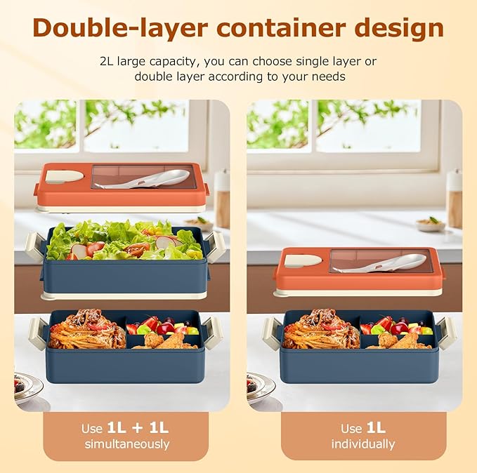 Sitlais Bento Box Adult Lunch Box, 2-Layer Stackable Container with Utensils & Insulated Bag, 67oz Large Capacity, Leakproof, Microwave Safe, BPA-Free for Work, Gym & Outdoor (Orange & Blue)
