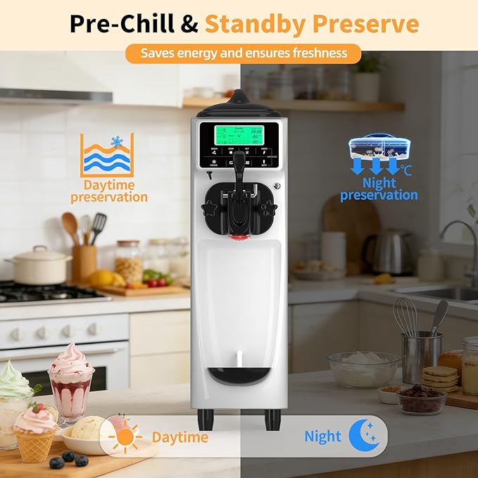 Ice Cream Machine – 3.5 Gals/H Single Flavor Ice Cream Maker 5 Inch Screen Soft Serve Ice Cream Machine with Pre-Cooling Soft Serve Machine with 1.6 Gals Tank for Home, Parties,Cafés,and School