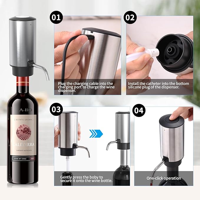 Wine Aerator Electric Wine Decanter Automatic Wine Aerator, Wine Dispenser Wine pourer with Rechargeable for Christmas, parties, weddings, dates (Silver)