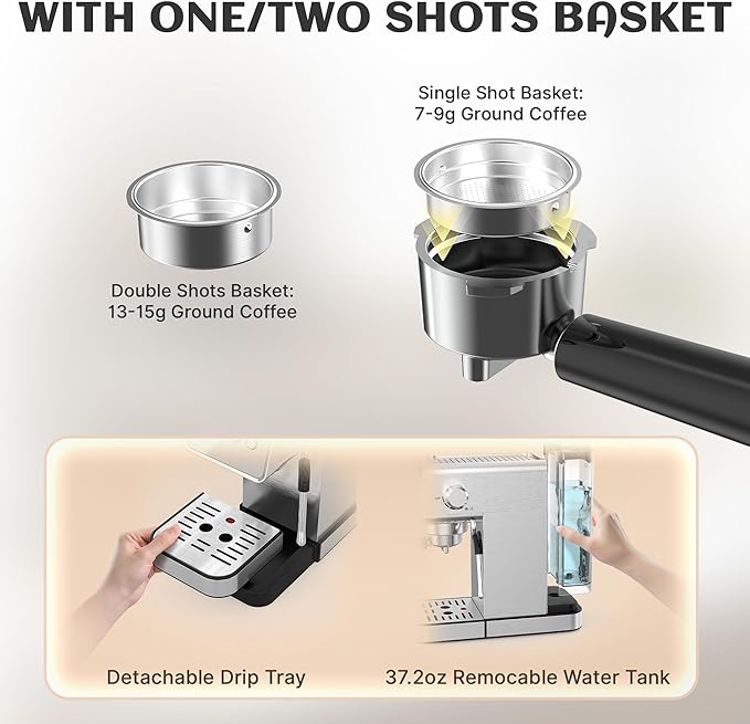 AYCHIRO 20 Bar Espresso Machine, Professional Espresso Machine with Milk Frother, Compact Espresso Maker for Cappuccino and Latte, Removable Water Tank and Drip Tray