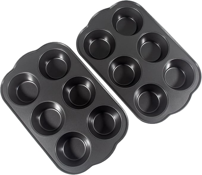 Non-Stick Jumbo Muffin Pans, 3.5" 6-Cup Set of 2 Baking Pans, Heavy Duty Carbon Steel Tins for Extra-large Muffins & Cupcakes