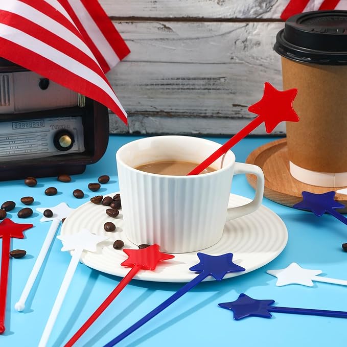 Jansun 100 Pcs 4th of July Patriotic Cocktail Stirrers, Red White and Blue Drink Stirrers Reusable Coffee Stirrers Plastic Swizzle Sticks Stir Sticks for Fourth of July Independence Day Party Supplies