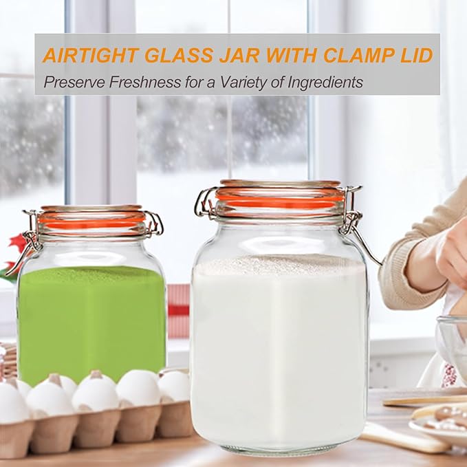 50oz Glass Jars with Clamp Lids,Set of 4,1500ml Square Wide Mouth Mason Jars with Airtight Lids,Large Glass Storage Container with Clip Lid for Kitchen,Flour,Pasta,Beans