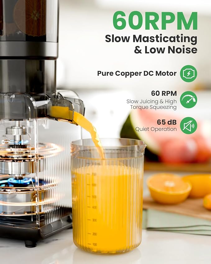 Kismile Cold Press Juicer Machine with 5 Modes, ABS Housing & HD Display, 4.5" Wide Feed Chute Slow Juicer for Fruits & Vegetables, Quiet Masticating Juicer Press, Easy to Clean, High Juice Yield