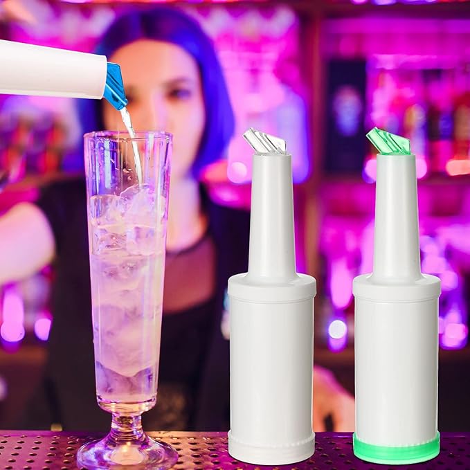 Chengu Fruit Juice Pour Bottles 34 oz Plastic Liquor Bar Supplies with Stainless Steel Bottle Pourer Tapered Spout for Cocktail Bartending Liquor Juice Store(White, Blue,Green,3 Pack)