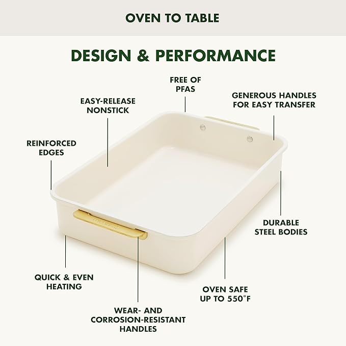 GreenPan Bakeware 13” x 9” Rectangular Cake Pan, Ceramic Nonstick Baking Pan, PFAS & BPA Free, Gold Handles, Durable Steel, Freezer to Oven Dish, Scratch Resistant, Bake & Roast Ovenware, Cream