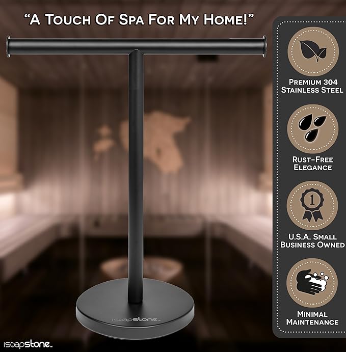 Luxury Hand Towel Holder Stand with Heavy Weighted Base, Matte Black Towel Rack, T-Shape, Freestanding Towel Stand for Bathroom Vanity or Kitchen Countertop, Waterproof Counter Organizer