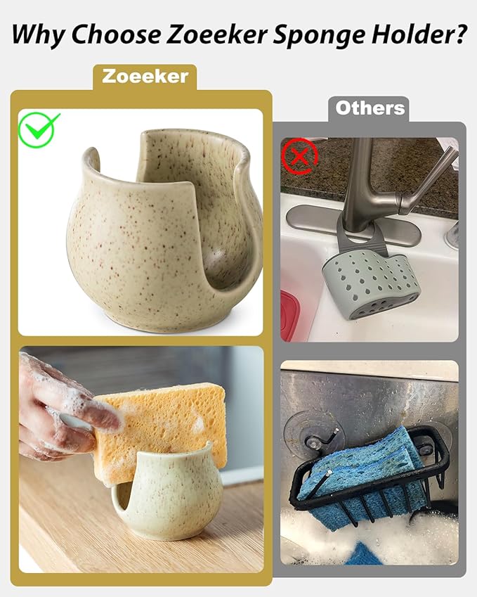 Ceramic Dish Sponge Holder, Sponge Caddy for Kitchen Sink Brush Organizer Scrub Dish Rack for Scrubbers, Bathroom, Sink, Yellow