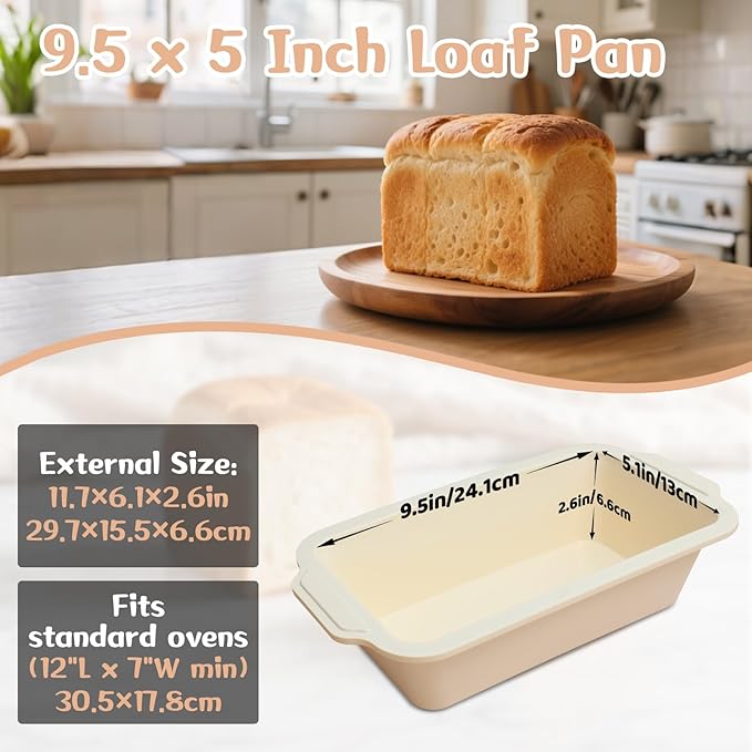1 pc Silicone Bread Loaf Pans for Homemade Bread with Metal Frame, 9.5 x 5 Inch Non Stick Silicon Banana Loaf Pan for Oven, Silicone Baking Mold for Brownies,Sandwiches (Beige)