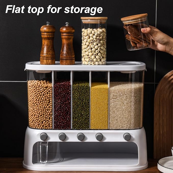 Yuehuam Dry Food Dispenser,12L Wall mounted 5 Grid Grain Dispenser 25 pounds Cereal and Rice Storage Container with Measuring Cup