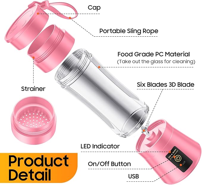 Portable Blender for Smoothies & Shakes - Cordless Personal Size Blender with 6 Blades, 380Ml Juice Cup, Lightweight & Rechargeable, Freshly Squeezed for Picnic/Sports/Office, Mother's Day