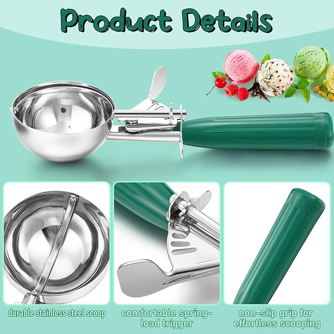 Reallnaive 4 Pcs Release Cookie Scoops Ice Cream Scooper with Trigger Release Portion Scoop Stainless Steel for Portion Control, Baking Food, Cookie Dough (3.25 oz,Green)