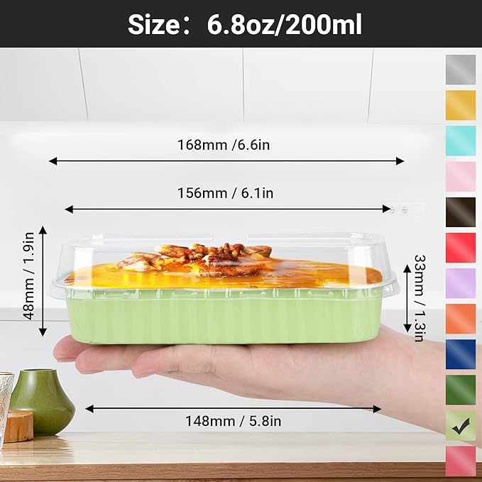 EUSOAR Foil Ramekins with Lids, 25pcs 6.8oz 6.5"x2.5"x1.2" Disposable Aluminum Mini Loaf Pans with Lids, Rectangle Cupcake Baking Cups Containers Wrappers，Dessert Cheesecake Creme Brulee Ramekins Pan