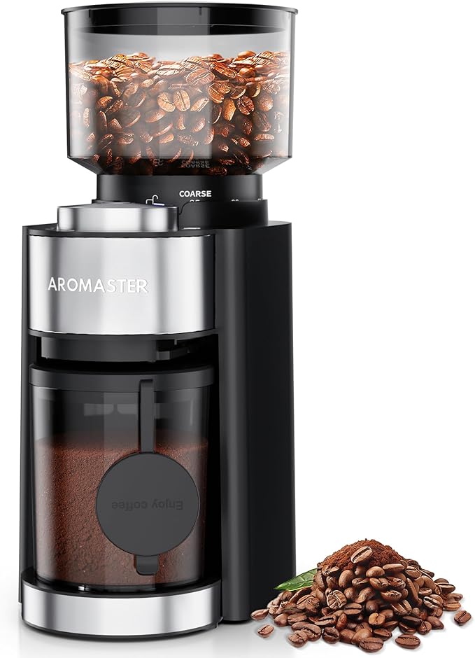 Aromaster Conical Burr Coffee Grinder with 25 Grind Settings,Adjustable 2-12 Cups Timer,Coffee Bean Grinder,3-Ear Portafilter Holder, Anti-static Design,Cleaning Brush Included,Black
