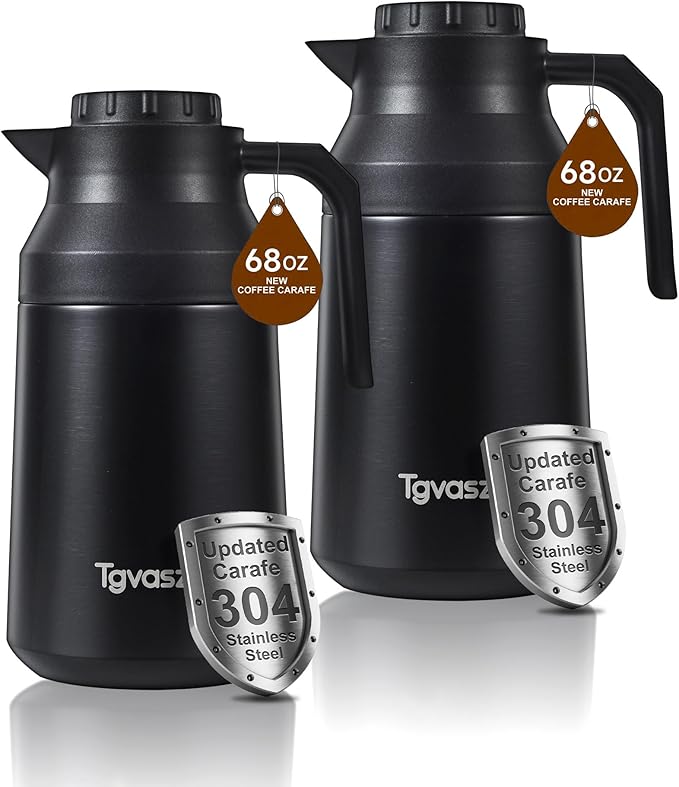 2 PCS Thermal Coffee Carafe Insulated Stainless Steel Coffee Carafe for Hot Liquid Vacuum Thermal Pot Creamer Pitcher Dispenser Keeping Hot Water Milk(Black/Black 68 oz)