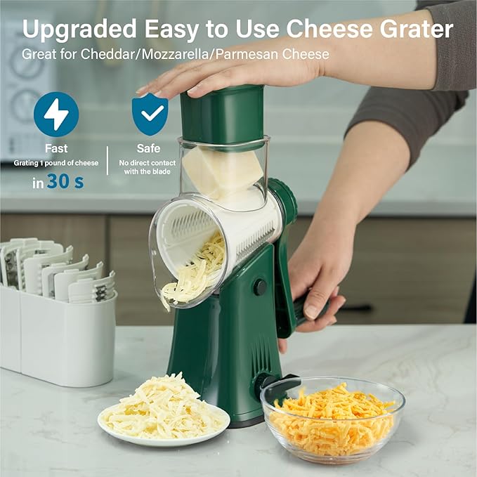 Rotary Cheese Grater Hand Crank, 5 Blades Cheese shredder, Stronger Suction, Easy to Clean for Fruit, Vegetables, Nuts, Green