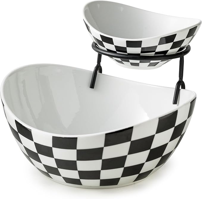 Miamolo Tiered Serving Bowls Chip and Dip Serving Set with Stand, Ceramic Appetizer Serving Dishes Platters and Trays for Parties Entertaining - Checkered Kitchen Decor