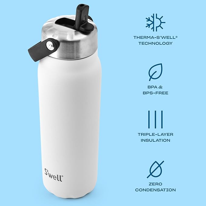 S'well Recycled Stainless Steel Explorer with Flip Straw Lid, 24oz, Moonstone, Triple Layered Vacuum Insulated Containers Keeps Drinks Cold for 36 Hours and Hot for 8