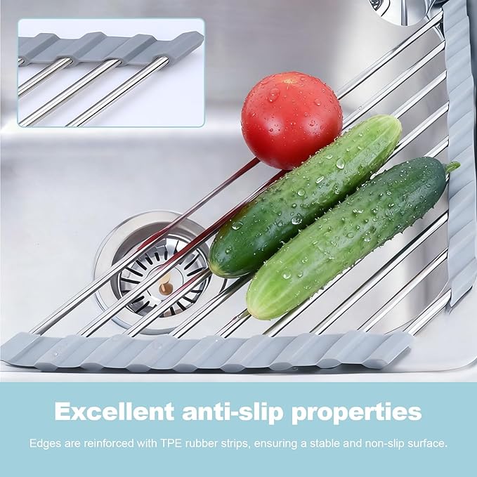 Triangle Dish Drying Rack, Corner Sink Caddy, Over The Sink Corner Drainer with Sponge Holder | Foldable, Non-Slip Stainless Steel for Kitchen Sink | Space Saving Design