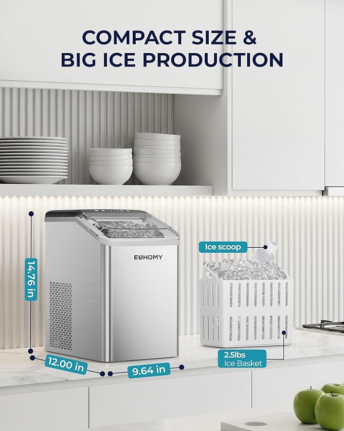 EUHOMY Nugget Ice Maker Countertop, Max 40lbs/Day, Auto-Cleaning, 2Qt Reservoir, Compact Sonic Ice Maker with 2.5lbs Basket and Scoop, Soft Chewable Nugget Ice for Home/Party/RV/Camping (Stainless)