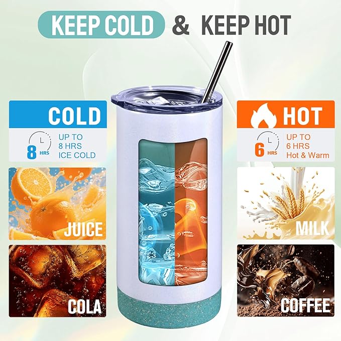 6 Pack 17 oz Insulated Sublimation Tumbler Bulk, Stainless Steel Double Wall Cups with Cork Silicone Base & Lid & Metal Straw, Glitter White