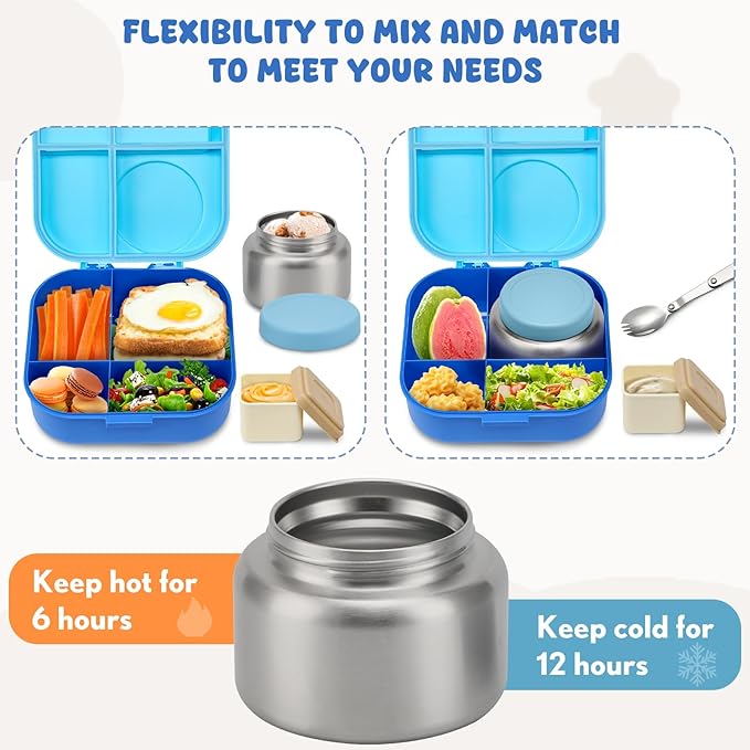 Bento Lunch Box for Kids with 12oz Soup Thermo,4 Compartments Lunch Box Containers Kids, Spoon&Sauce Jar, BPA Free&Leak proof,Insulated Food Jar for Travel((Blue)