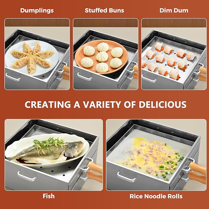 Rice Roll Steamer, Cantonese Stainless Steel 2-Tier Rice Noodles Steamer Machine, Steam Rice Roll Maker with Long Wooden Handle for Commercial and Home Use for Cheung Fun/Dumplings/Dim Sum