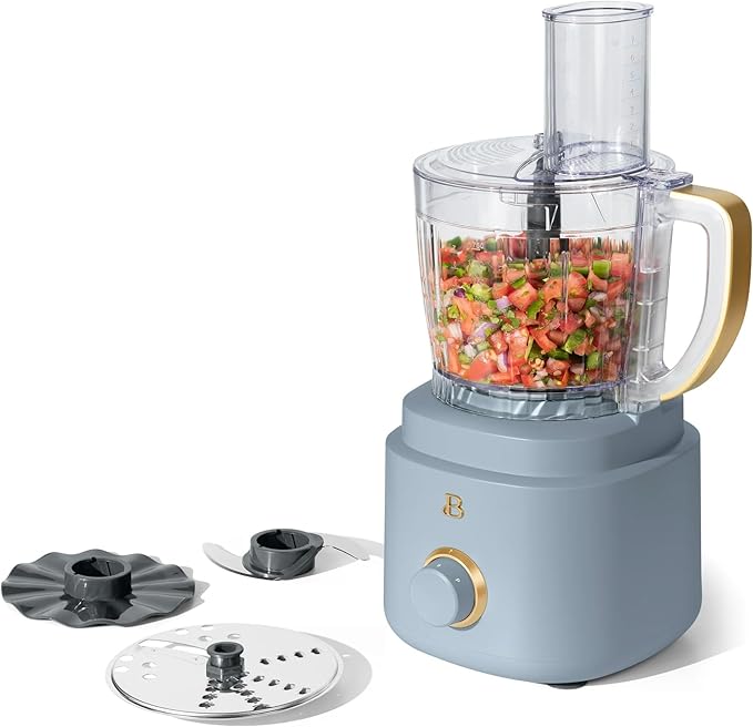 Beautiful by Drew Barrymore 10-Cup Food Processor, 500-Watts, Variable Speed, Pulse, 3" Wide Feed Tube, Stainless Steel Blades, Dishwasher Safe, Large Bowl, Accessories Included (Cornflower Blue)