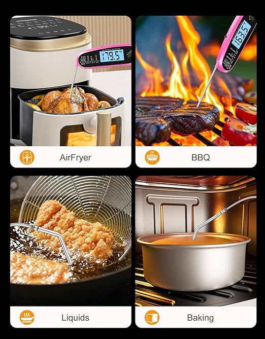 Instant Read Meat Thermometer Digital for Cooking & Grilling with Dual Probe, Big Backlit Screen & Auto-Calibration, Food Thermometer for Grill, Smoker, BBQ, Oven, Candy, Oil Fry - Pink