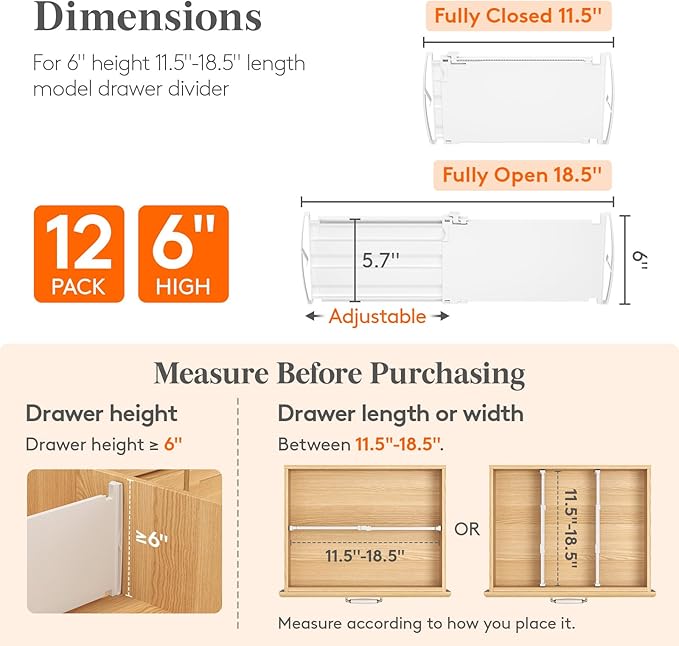 Lifewit 6" Tall 12 Pack Drawer Dividers, 30-47cm/11.5-18.5" Expandable Drawer Divider for Clothes, Adjustable Dresser Drawer Organizers, Drawers Separators for Dresser/Bathroom/Closet/Kitchen White