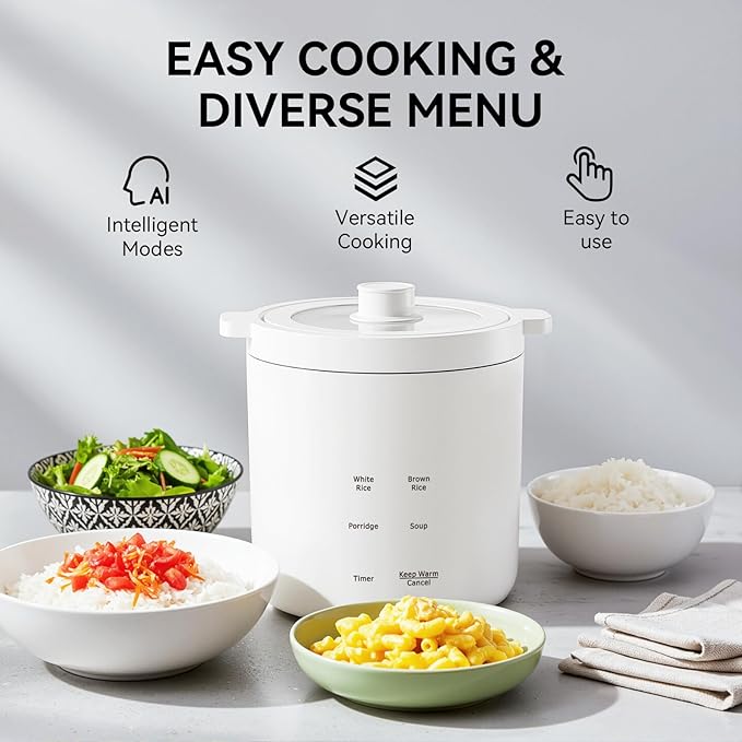 olayks Mini Rice Cooker, Small Electric Cooker 2 Cup Uncooked with 4 Cooking Functions, Ceramic Rice Cooker with 24 Hour Preset, Heat Preservation, Anti Scald Carry Handle
