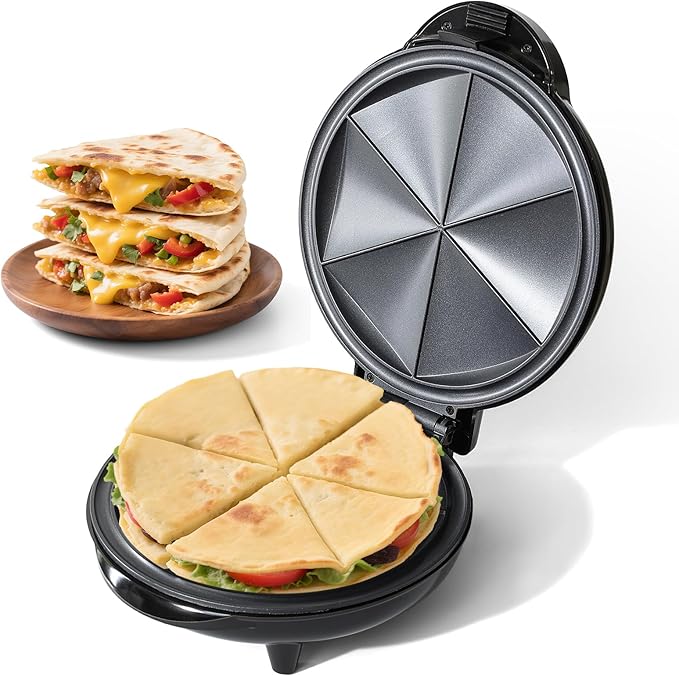 UVFAST Electric Quesadilla Maker Taco Tuesday, 9.5'' Quesadilla Press Non-Stick, Easy-Slice 6-Wedge Tortilla Cooker, Grilled Cheese Corn Flour Tortilla Snacks, Black