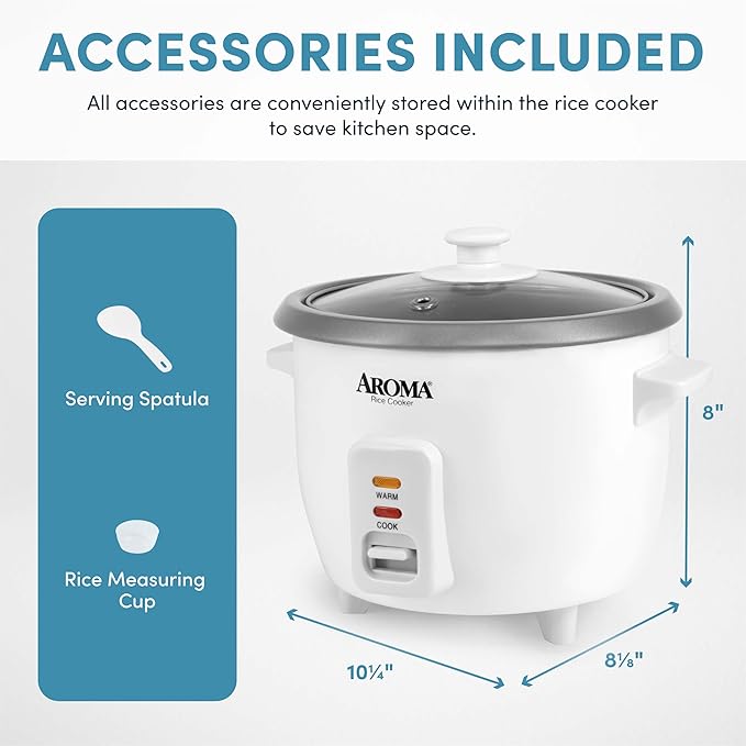 AROMA® Rice Cooker, 3-Cup (Uncooked) / 6-Cup (Cooked), Small Rice Cooker, Oatmeal Cooker, Soup Maker, Auto Keep Warm, 1.5 Qt, White, ARC-363NG