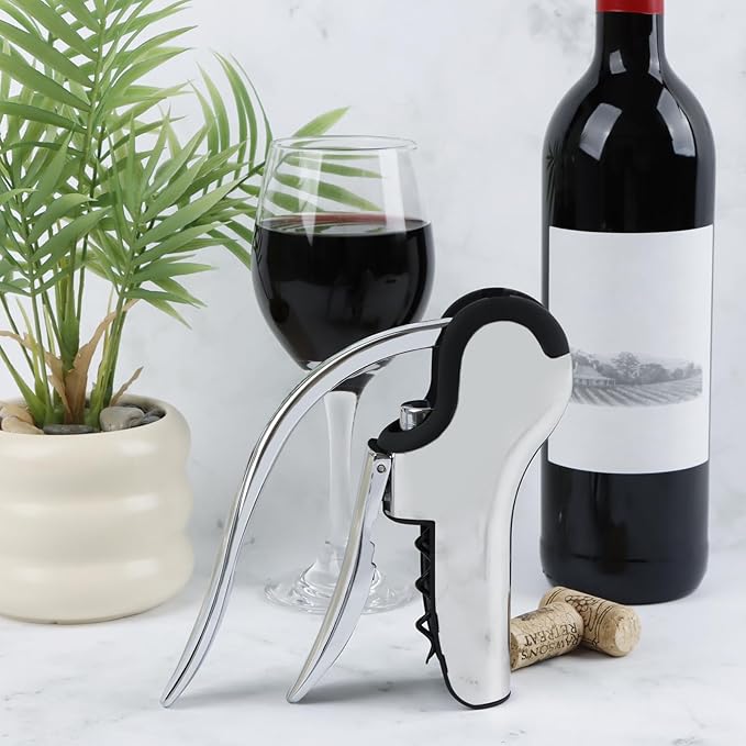 KAYCROWN Stainless Steel Wine Bottle Opener, Vertical Lever Corkscrew with Built-in Foil Cutter Design, Manual Handheld Corkscrew with Ergonomic Lever Pump