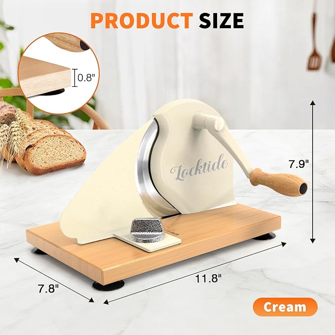 LockTide Manual Bread Slicer for Homemade Sourdough Bread, Hand Crank Bread Slicer With Scale Line, Suction Cup and Protective Cover, Adjustable Thickness