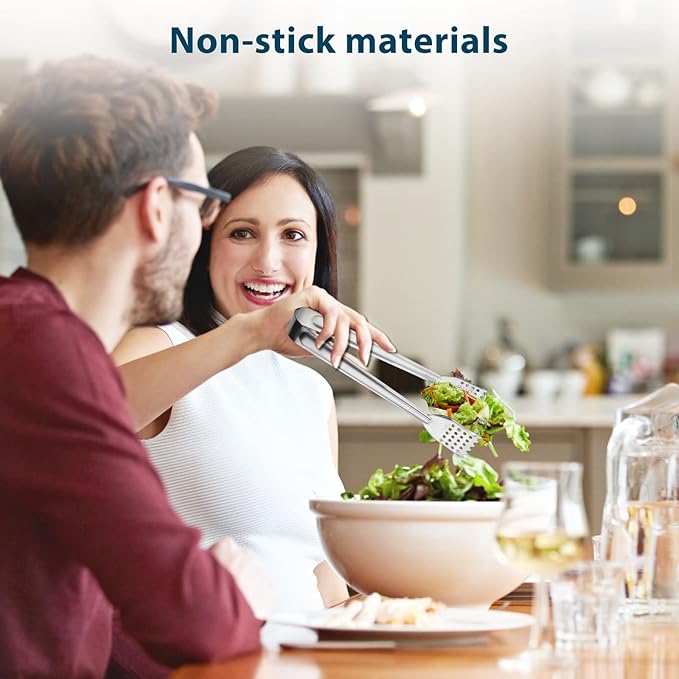 8 Pack Serving Tongs, 9 Inch, Silver, Stainless Steel, Ideal for Parties & Daily Use