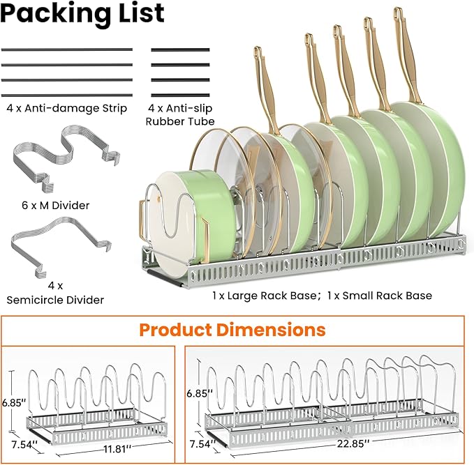 MUDEELA Pots and Pans Organizer Rack for under Cabinet, Expandable Pot Lid Kitchen Cabinet Organizer Holder with 10 Adjustable Compartment Cutting Board Organizer for Pan Lid Cookie Sheet Rack, Silver