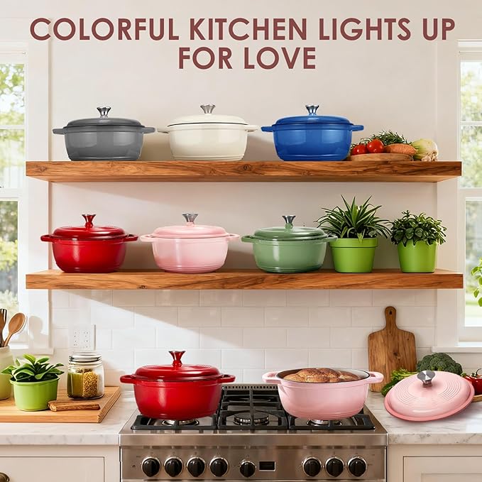 Cast Iron Dutch Oven Pot With Lid - AIVIKI 5QT Enameled Dutch Oven for Bread Baking With Cotton Potholders - Heavy- Duty Cookware Across All Cooktops, Wedding Registry Ideas & Gifts, Pink
