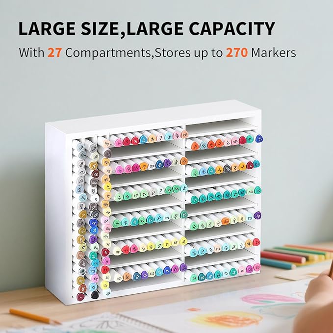 AUTOARK Wooden Marker Storage Organizer,Holds 270 Markers,Pens,Pencils & Art Supplies,Vertical Space-Saving Desk Storage for Artists,Teachers,Office & Classroom,White,AHK-066
