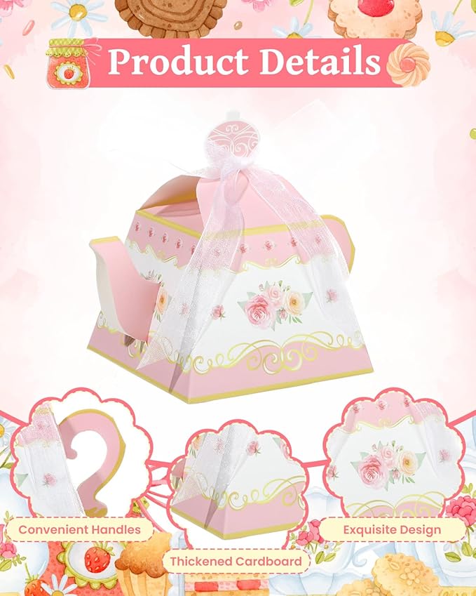 Liobelon 24 PCS Floral Tea Party Favor Gift Boxes Teapot Candy Boxes Vintage Flower Treat Boxes Mini Teapot Favor Boxes with Ribbon for Tea Garden Wedding Bridal Birthday Baby Shower Party Supplies