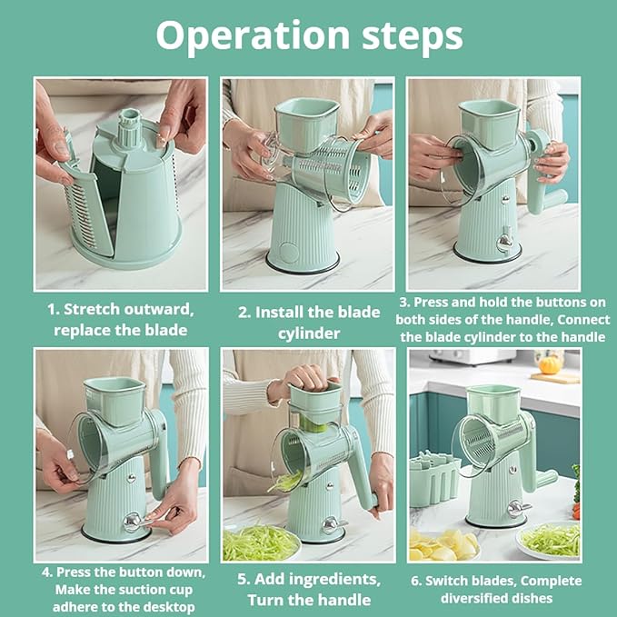 5 in 1 Rotary Cheese Grater Hand Crank, Replaceable Stainless Blades Cheese Shredder, Strong Suction Base Vegetable chopper Slicer with Cleaning Brush Peeler & Bonus Storage Box for Blades