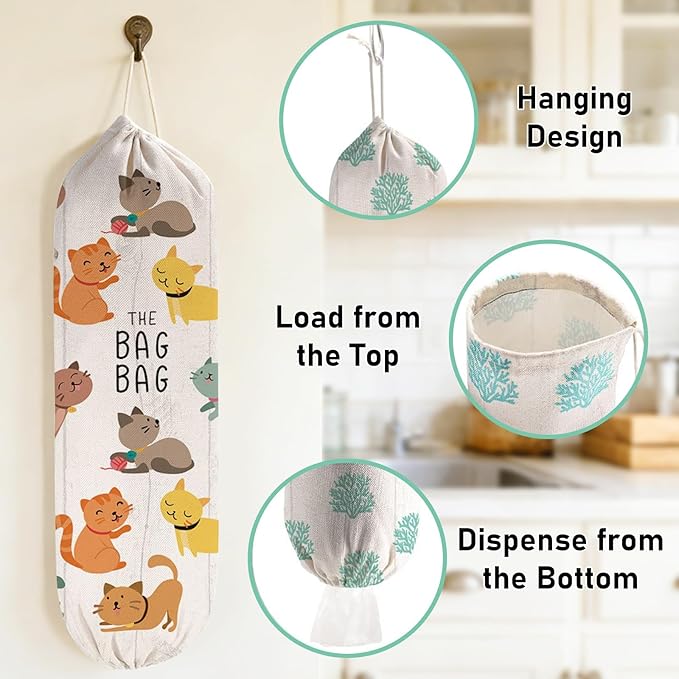 2Pcs Cat Plastic Bag Holder for Kitchen Essentials, Reusable Hanging Grocery Bag Organizer, Washable Large Grocery Trash Bags Storage Dispenser