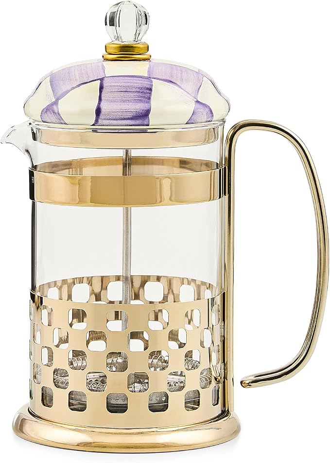 MACKENZIE-CHILDS Coffee French Press, Glass French-Press Coffee Maker, 32-Ounce Capacity, Purple-and-White Violet Check