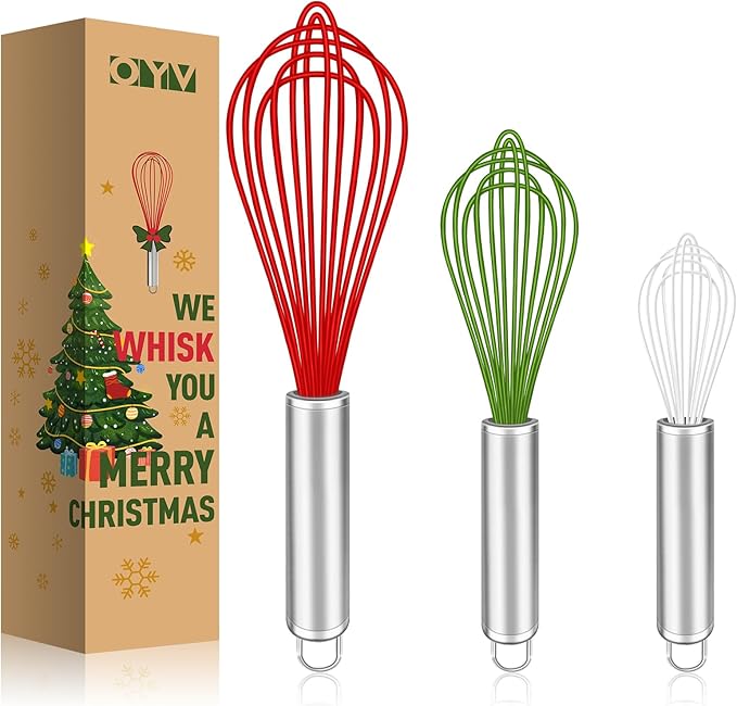 Christmas Whisk Set – 3 Sizes (12”, 10”, 8”) – Holiday Red, Green & White Stainless Steel Whisks for Baking, Cooking & Mixing, Christmas Gift for Bakers & Home Chefs