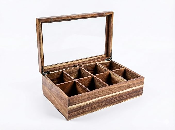 Acacia Wood and Bamboo Tea Bag Organizer - 4 & 8 Compartment Tea Box for Countertop - Tea Station & Coffee Bar Accessories - Fits Large & Craft Tea Bags (Wood, 8 Compartment)