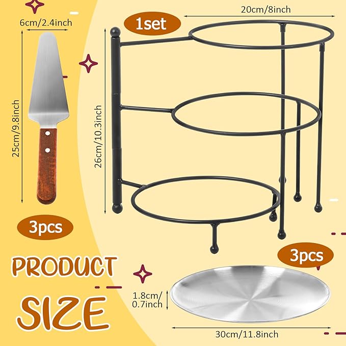 Teenyyou 7 Pcs Pizza Pan Riser Stands Sets Includes 1 Pcs Tiered Tray Stand 3 Stainless Steel Pizza Pan and 3 Wood Handle Knife for Home, Restaurant Party