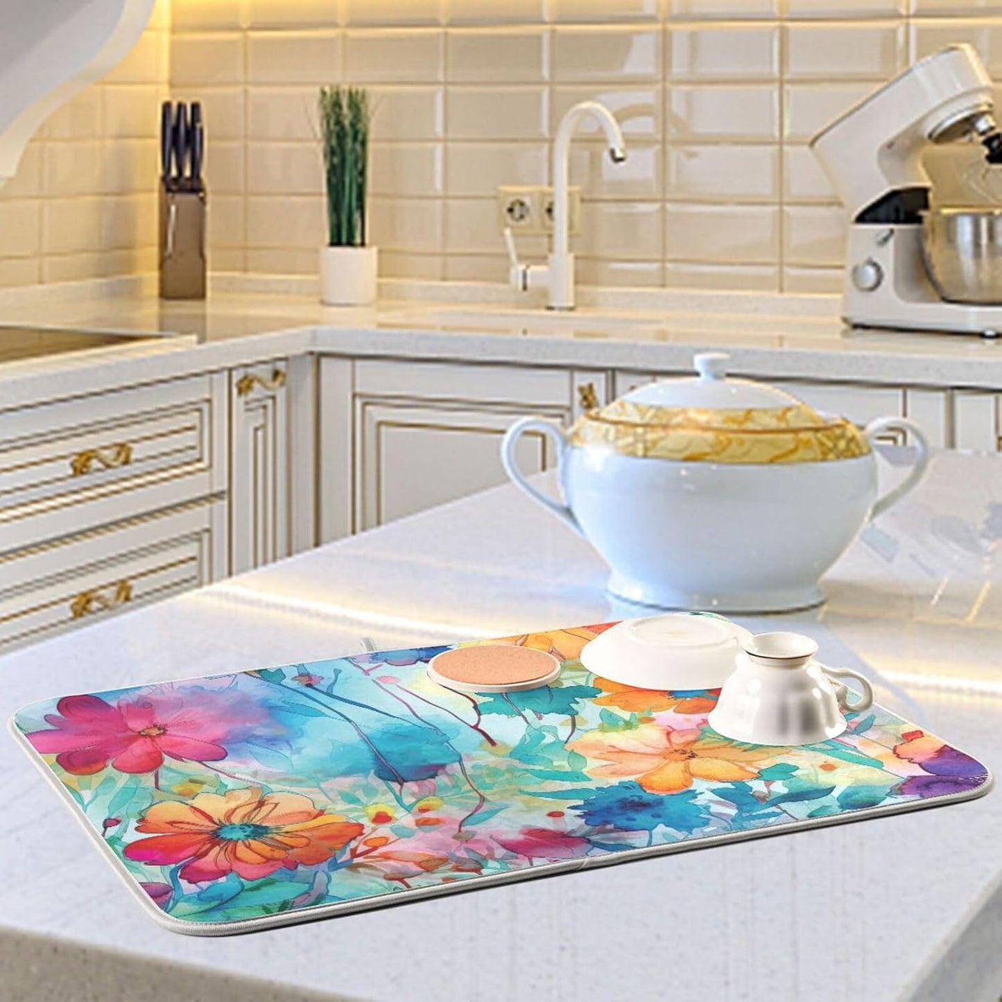 Colorful Beautiful Flowers Dish Drying Mat for Kitchen Counter Absorbent Microfiber Drying Pad, Medium 16x18 in, Reversible Drainer Mats