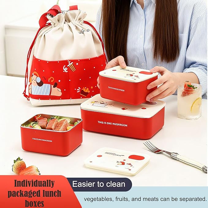 304 Stainless Steel Bento Box Set for Woman (2×23.6oz + 1×47.3oz) | 3-Piece Lunch Box Set
