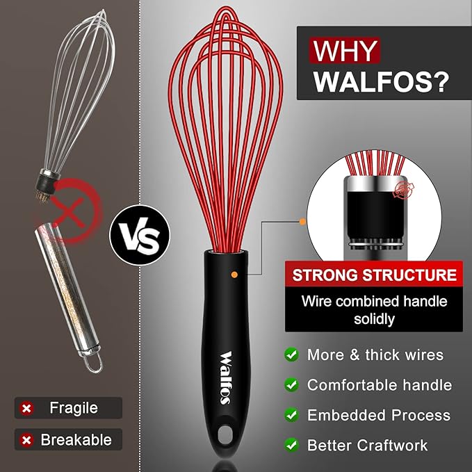 Walfos Whisk,7+9+11in Silicone whisk, BPA free Whisks for Cooking Non Scratch. Heat Resistant(480°F) Wisk. Perfect for Blending, Mixing, Beating etc.Dishwasher Safe.Set of 3 (Colorful)